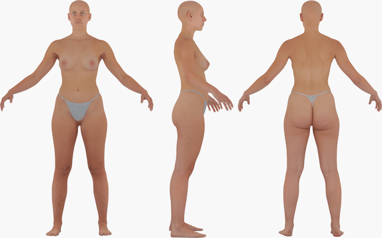 PBR texture map set for a female 3D body scan including Albedo, Normals, Specular and Metalness maps